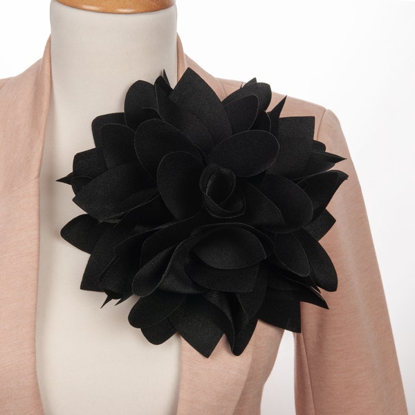Black large flower Elegant Organza Party flower brooch for women,  Oversized floral pin Gift for her