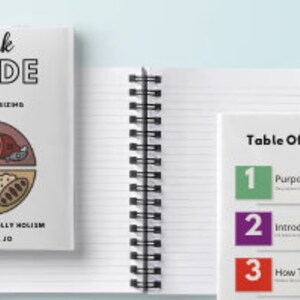 Puede incluir: Un cuaderno de espiral y dos libros. Un libro titulado "Quick Guide to Portion Sizing" con un gráfico de porciones de alimentos. El otro libro muestra una tabla de contenidos. El cuaderno está abierto en páginas en blanco.