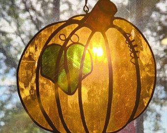 Stained Glass Transparent Orange Pumpkin  Suncatcher, Fall Pumpkin Wall or Window Décor, Rustic Home Décor. Autumn Pumpkin Décor.