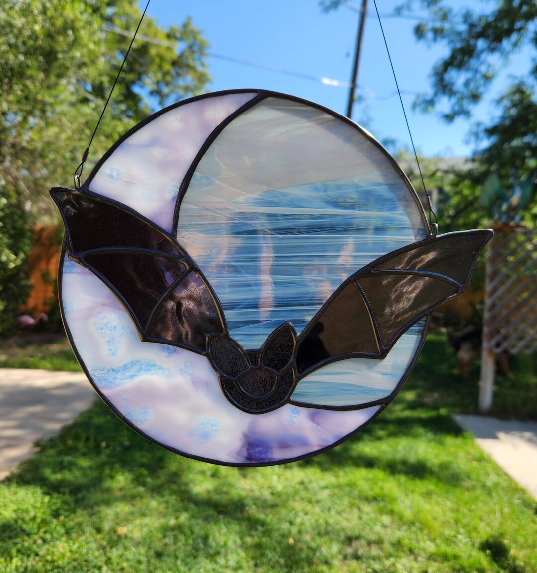 Moonlight Window Bat Stained Glass Bat and Moon Suncatcher, Moon, Bat and Moon Wall or ...