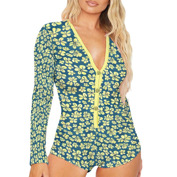 Women's Rompers, All Over Print V-neck Long Sleeve, Women's Short Jumpsuits, Green Romper