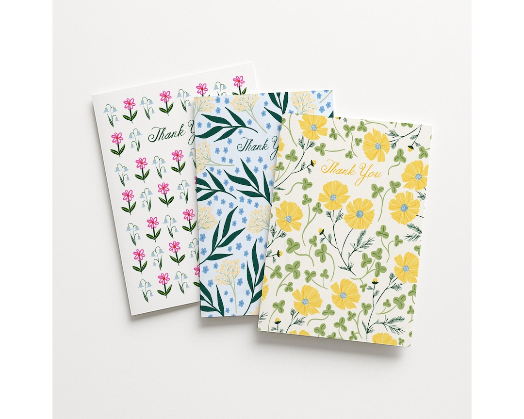Illustrated Floral Thank You Card Set, Mixed Designs - Etsy