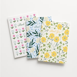 Jeu de cartes de remerciement, lot de 3 cartes florales illustrées, fleurs jaunes, bleues et roses, intérieur vierge, cartes de voeux pour elle