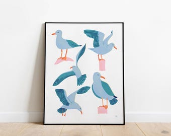 Seagulls Art Print, Ocean Birds Illustration