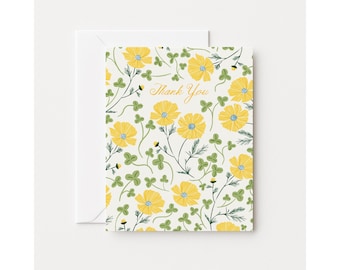Floral Thank You Card, Cosmos and Clovers, Blank Inside