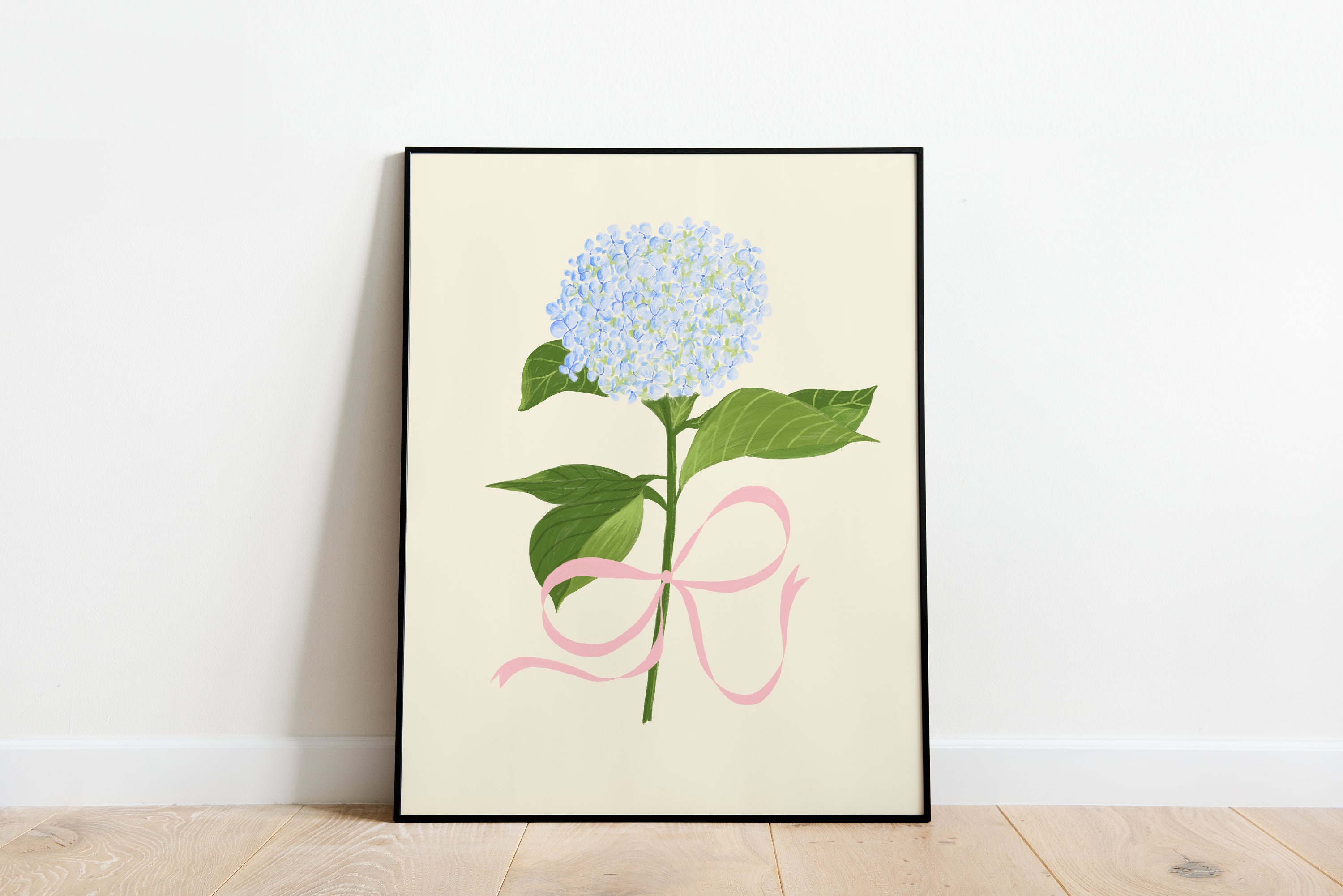 Blue Hydrangea Art Print with Pink Bow, Floral Spring Painting, Pink Pastel Ribbon and Flower Illustration, Coastal Grandmother Home Decor