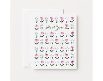 Floral Thank You Card, Pink & Blue, Blank Inside