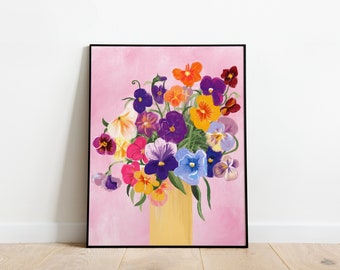 Colourful Pansies in Yellow Vase Art Print, Floral Spring Painting, Maximalist Gallery Wall Decor, Pansy Flower Arrangement Illustration