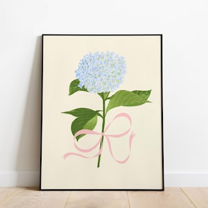 INSTANT DOWNLOAD Blue Hydrangea Art Print with Pink Bow, Floral Spring Painting, Pink Pastel Ribbon and Flower Illustration