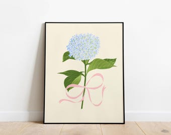 INSTANT DOWNLOAD Blue Hydrangea Art Print with Pink Bow, Floral Spring Painting, Pink Pastel Ribbon and Flower Illustration