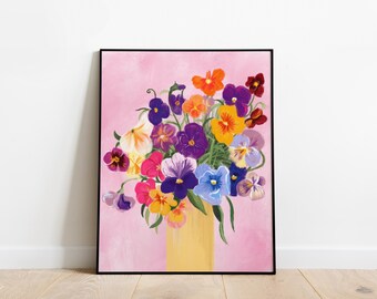 Pansy Art Printable, Colourful Bouquet in Yellow Vase, Instant Download, Pink Floral Wall Art, Maximalist Decor, Pansy Gallery Wall Decor