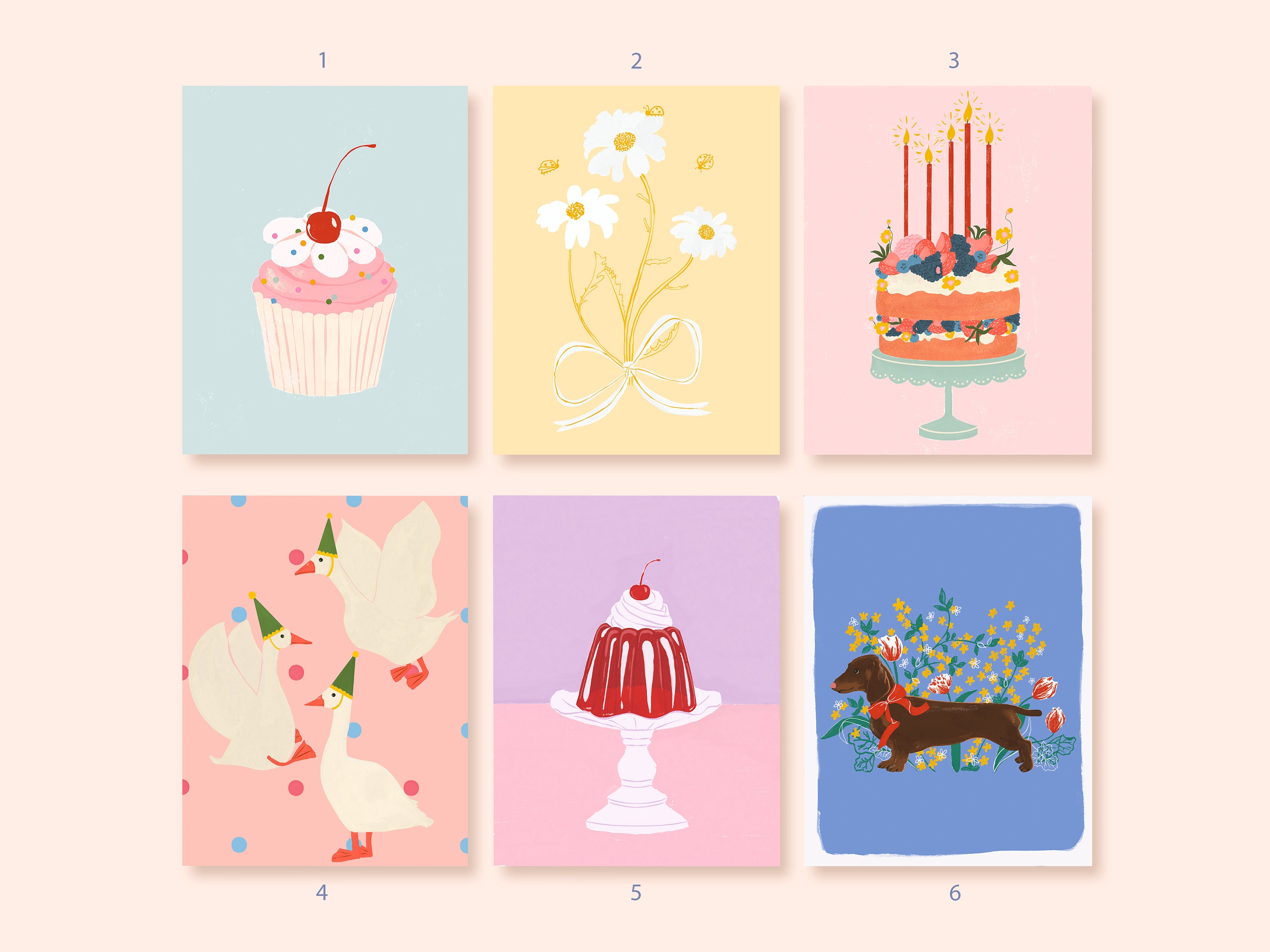 Celebration Postcard Set of Three, Cute Cards Bundle, Mini Art Print Set, Happy Birthday Greeting Cards, Art Gift, Snail Mail Card Pack