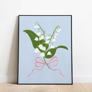 INSTANT DOWNLOAD Lily of the Valley with Pink and Red Bow Printable, Spring Art, Ribbon and Flower Illustration, Coastal Grandmother Decor