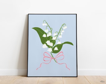INSTANT DOWNLOAD Lily of the Valley with Pink and Red Bow Printable, Spring Art, Ribbon and Flower Illustration, Coastal Grandmother Decor