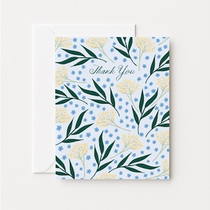 Carte de voeux de remerciement, motif floral bleu et vert, une seule carte ou lot de 3, intérieur vierge, carte de voeux illustrée, carte pour elle