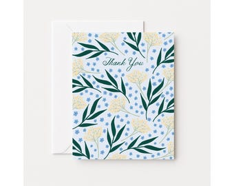 Floral Thank You Card, Illustrated Blue & Green Design