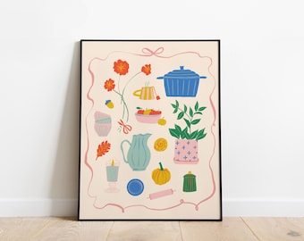Autumn Kitchen Art Print, Cozy Fall Painting, Cottacgecore Wall Decor, Little Treasures Illustration, Fall Decorations, Hygge Wall Art