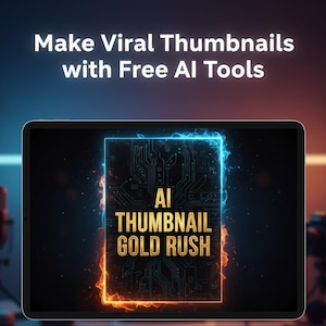 May include: A tablet displays the text "Make Viral Thumbnails with Free AI Tools." The tablet screen shows a circuit board design with the words "AI THUMBNAIL GOLD RUSH" in gold. The background has a blue and orange gradient.