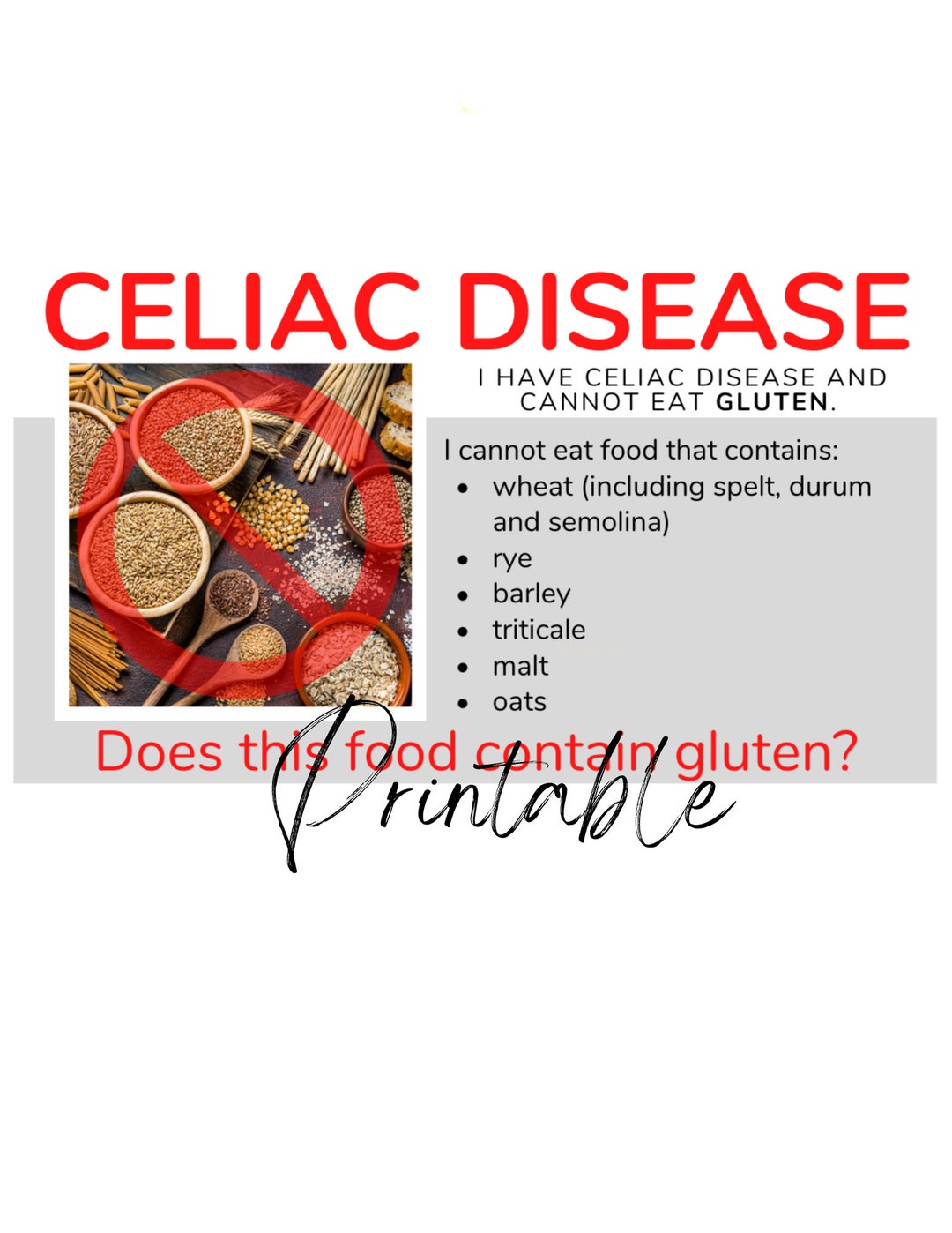 Printable Celiac Disease Card Gluten-free Card English - Etsy