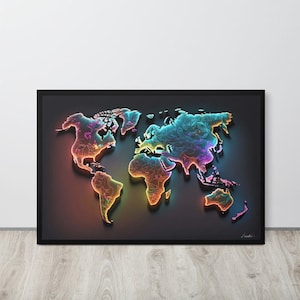 Carte du monde artistique au néon (avec deux cartes supplémentaires en bonus) - Téléchargement numérique (cadre non inclus)