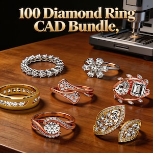 May include: An assortment of diamond rings in various designs, including a flower-shaped ring, a band with multiple diamonds, and rings with unique settings. The rings are displayed on a wooden surface. Text at the top reads "100 Diamond Ring CAD Bundle,"