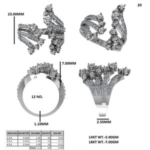 Diamond ring CAD measurement sheet with dimensions and stone details
