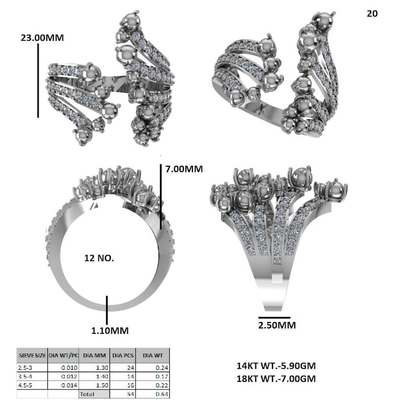 Diamond ring CAD measurement sheet with dimensions and stone details