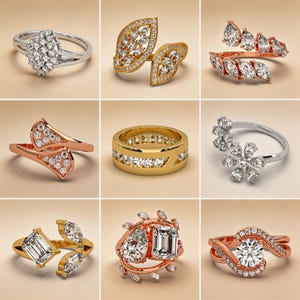 Puede incluir: Colecci&oacute;n de nueve anillos de diamantes con diversos dise&ntilde;os. Los anillos presentan diferentes engastes, incluyendo formas florales, de hojas y geom&eacute;tricas. Los anillos son de oro, oro rosa y plata, con piedras preciosas transparentes.