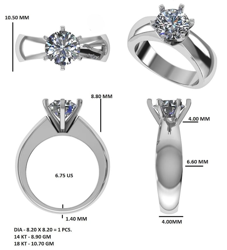 Puede incluir: Un anillo de compromiso plateado con una gema grande, redonda y transparente. El anillo tiene un dise&ntilde;o de ca&ntilde;a dividida y se muestra desde m&uacute;ltiples &aacute;ngulos, con medidas en mil&iacute;metros y una talla US de 6,75.