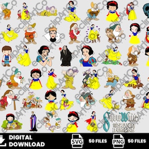 Puede incluir: Una colección de 50 ilustraciones digitales con personajes del cuento de hadas Blancanieves y los siete enanitos. Incluye a Blancanieves, los enanitos, la Reina Malvada y otros elementos. Disponible en formatos SVG y PNG.