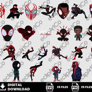 25 Clipart – SpiderMan Svg, Spiderman Png, Miles Morales Svg, SuperHeroes Svg, Digital Download