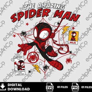 Puede incluir: Gráfico digital con el texto "THE AMAZING SPIDER-MAN" en rojo. La imagen presenta un personaje estilizado de Spider-Man con un traje negro y rojo, rodeado de telarañas, estrellas y rayos. También incluye el texto "DIGITAL DOWNLOAD".