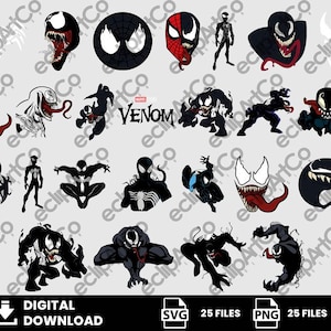 May include: A collection of Venom-themed digital downloads in SVG and PNG formats. The images feature various illustrations of Venom, including close-ups of the face, full body poses, and the Venom logo. The images are in black, white, red, and gray.