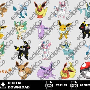 Peut inclure: Un téléchargement numérique graphique présentant diverses évolutions colorées d'Évoli et une Poké Ball. L'image comprend le texte "TÉLÉCHARGEMENT NUMÉRIQUE" et des indicateurs de type de fichier pour les formats SVG et PNG, chacun avec un nombre de 20 fichiers.