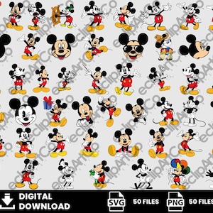 Puede incluir: Una colección de 50 ilustraciones de Mickey Mouse en varias poses, con pantalones cortos rojos, zapatos amarillos y orejas negras. La imagen incluye el texto "DESCARGA DIGITAL" e iconos de tipo de archivo SVG y PNG.