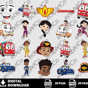 Puede incluir: Un conjunto gráfico de descarga digital con ilustraciones de dibujos animados de camiones de bomberos, personajes y un casco de bombero. Las imágenes son en rojo, blanco, azul, amarillo y morado. También se incluye el texto "FIREBUDS".