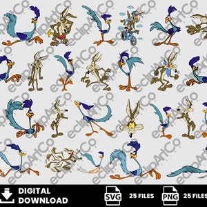 May include: A collection of twenty-five digital illustrations featuring Wile E. Coyote and the Road Runner in various poses and actions. The characters are rendered in classic cartoon style with vibrant colours. Includes text Digital Download, SVG, 25 Files, PNG.