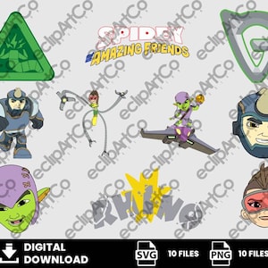 May include: A collection of cartoon graphics featuring characters and logos from "Spidey and His Amazing Friends." Includes character illustrations, a green triangle, and the text "DIGITAL DOWNLOAD."