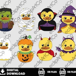 Puede incluir: Un conjunto de ocho ilustraciones digitales de patitos de goma amarillos con disfraces de Halloween, incluyendo un monstruo, momia, vampiro, bruja, fantasma, calabaza, diablo y murciélago. El texto inferior dice DIGITAL DOWNLOAD, SVG 08 FILES, PNG 08 FILES.