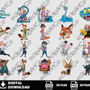 Op de afbeelding: Digitale download met 20 illustraties van Zootopia 2-personages. Bevat afbeeldingen van Nick Wilde, Judy Hopps en andere personages. De tekst "DIGITAL DOWNLOAD" is zichtbaar aan de onderkant, samen met SVG- en PNG-bestandstype-pictogrammen.