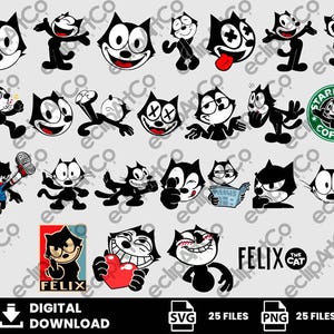 Puede incluir: Una colección de ilustraciones en blanco y negro de Félix el Gato en varias poses y expresiones. Incluye un logotipo de Starbucks Coffee con Félix. La imagen también contiene las palabras "DIGITAL DOWNLOAD", "SVG 25 FILES" y "PNG 25 FILES".