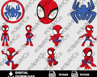 May include: A collection of digital download Spider-Man themed graphics. The images include Spider-Man's mask, the Spider-Man logo, and various poses of the character in his red and blue suit. The images are available in SVG and PNG formats.