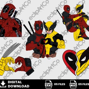 May include: Digital download graphic featuring Deadpool and Wolverine in various poses. The images include the characters making a heart shape with their hands, and embracing. The color palette is red, yellow, black, and white.