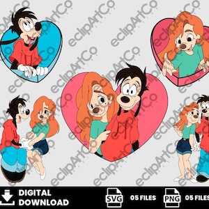May include: Digital download featuring cartoon illustrations of Goofy and Roxanne in various poses, set within heart-shaped frames. The characters are depicted in red, blue, and green clothing. The image includes the text "DIGITAL DOWNLOAD", "SVG 05 FILES", and "PNG 05 FILES".
