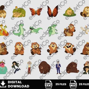 Puede incluir: Una colección de ilustraciones de dibujos animados con varios animales y personajes, incluyendo una rana con corona, mariposas, castores y un oso. La imagen incluye el texto "DIGITAL DOWNLOAD" y opciones de tipo de archivo.