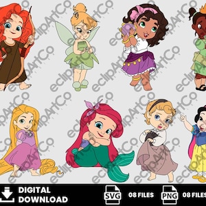 Puede incluir: Una descarga digital con ocho ilustraciones de princesas de dibujos animados. Las princesas están representadas en varias poses y atuendos, con colores vibrantes y rasgos distintivos. La imagen incluye el texto "DIGITAL DOWNLOAD", "SVG 08 FILES" y "PNG 08 FILES".