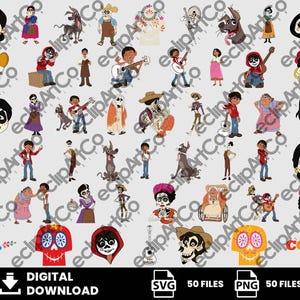 Könnte beinhalten: Eine Sammlung farbenfroher digitaler Cliparts mit Charakteren und Elementen aus dem Animationsfilm "Coco". Enthält verschiedene Charakterillustrationen, Schädeldesigns und Musikinstrumente. Das Wort "COCO" wird in Orange und Pink angezeigt.