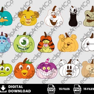 May include: A collection of 15 cartoon pumpkin designs, each with a unique character face. The pumpkins are in various colors, including teal, yellow, white, and orange. The image includes a digital download graphic with SVG and PNG file options.