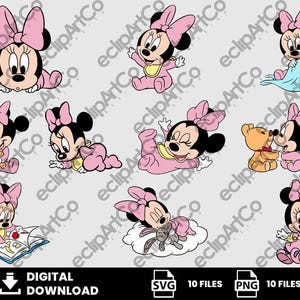 May include: A collection of baby Minnie Mouse illustrations in various poses, wearing pink outfits and bows. Some images include a teddy bear, a blanket, a book, and a stuffed bunny. The image also includes the text "DIGITAL DOWNLOAD".