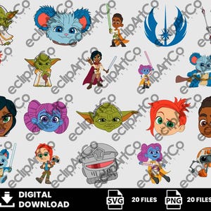 May include: A digital download graphic set featuring various cartoon characters and symbols. The collection includes characters with lightsabers, a Yoda-like figure, and a blue koala-like creature. The image also includes the text "DIGITAL DOWNLOAD" and file type icons.